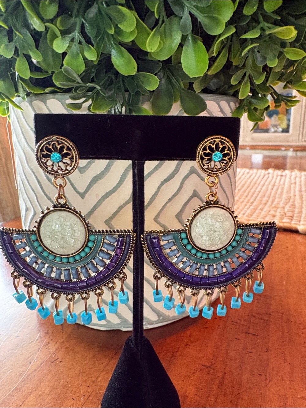 Boho Statement Dangle Earrings in Purple and Turquoise. Vintage Southwest.
